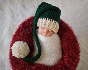 Newborn Santa Hat, Christmas Elf Hat, Newborn Photo Prop, Newborn Christmas, Stocking Cap, Long Tail Hat, Santa Elf Hat, Green Santa Hat