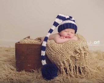 Newborn Elf Hat, Newborn Pom Pom Hat, Long Tail Hat, Sleepy Time Cap, Mr Sandman Hat, Newborn Stripe Hat, Crochet Photo Prop Hat, Elf Hat