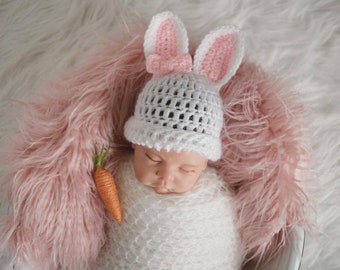 Baby Bunny Girl Hat, Newborn Easter Photo Prop, Newborn Rabbit Hat, Girly Baby Hat, Infant White Bunny Hat, White Baby Hat, Hat with Carrot