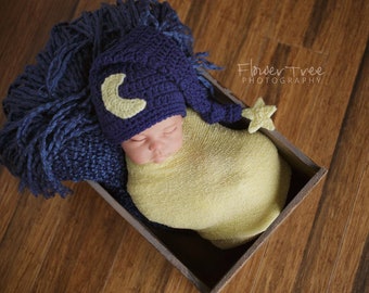 Newborn Moon Hat, Moon And Star Hat, Infant Elf Hat, Crochet Baby Hat, Navy Blue Baby Hat, Newborn Photo Prop Long Tail Hat,Newborn Girl Hat