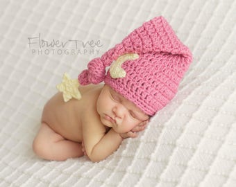 Moon Hat, Star And Moon Hat, Baby Girl Hat, Crochet Beanie, Newborn Photo Prop, Infant Hat, Mauve Pink Baby Hat, Newborn Moon Hat, Baby Hat