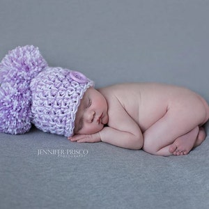 Newborn Pom Pom Hat, Infant Pom Pom Hat, Crochet Baby Hat, Lavender And White Baby Hat, Newborn Hat With Button, Newborn Girl Photo Prop