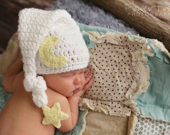 Baby Moon Hat, Newborn Photo Prop, Sleepy Time Hat, Moon And Star Hat, Newborn Stocking Cap, Newborn Elf Hat, Infant Longtail Hat