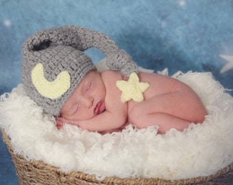 Baby Moon Hat, Newborn Photo Prop, Sleepy Time Hat, Moon And Star Hat, Newborn Stocking Cap, Newborn Elf Hat, Infant Longtail Hat