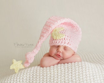 Newborn Moon Hat, Moon And Star Hat, Infant Elf Hat, Crochet Baby Hat, Pink Baby Hat, Newborn Photo Prop, Long Tail Hat, Newborn Girl Hat