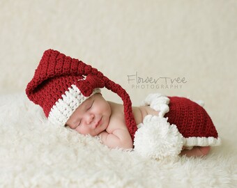 Christmas Santa Elf Hat and Ruffled Diaper Cover Set, Newborn Photo Prop, Newborn Elf Hat, Ruffled Diaper Cover, Newborn Pom Pom Hat