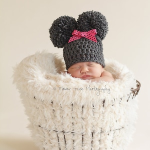 Newborn Pom Pom Hat, Charcoal Gray Hat, Newborn Girl Hat, Newborn Photo Prop, Infant Hat With Bow, Crochet Baby Hat, Newborn Boy Or Girl Hat image 1