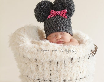 Newborn Pom Pom Hat, Charcoal Gray Hat, Newborn Girl Hat, Newborn Photo Prop, Infant Hat With Bow, Crochet Baby Hat, Newborn Boy Or Girl Hat