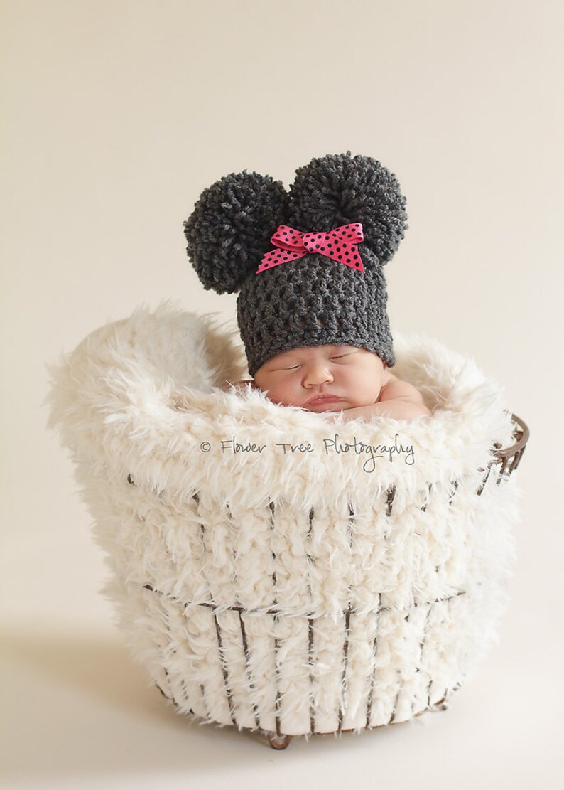 Newborn Pom Pom Hat, Charcoal Gray Hat, Newborn Girl Hat, Newborn Photo Prop, Infant Hat With Bow, Crochet Baby Hat, Newborn Boy Or Girl Hat image 1