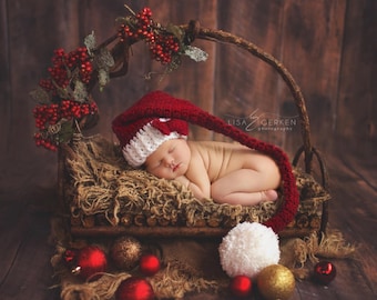 Newborn Santa Hat, Newborn Christmas Hat, Newborn Photo Prop, Burgundy Elf Hat, Crochet Infant Hat, Newborn Christmas Prop, Infant Santa Hat