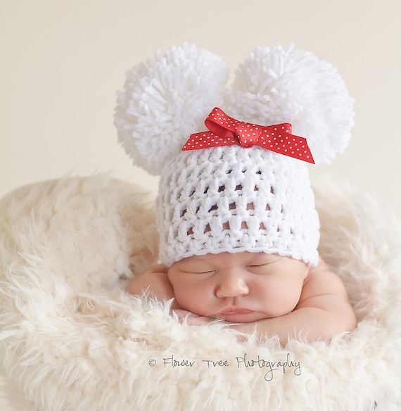 Newborn Pom Pom Hat, Baby Hat With Bow, Newborn Photo Prop, Newborn Girl  Hat, Crochet Infant Hat, White Newborn Hat, Warm Winter Hat