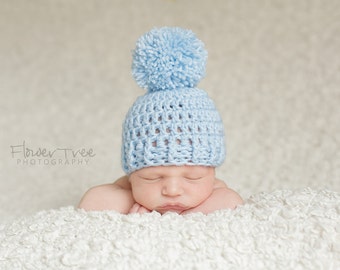 Newborn Pom Pom Hat, Newborn Photo Prop, Newborn Boy Prop, Infant Boy Hat,Crochet Baby Hat, Newborn pom pom hat, Longtail Hat, Blue Pom Hat