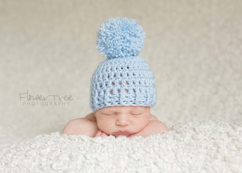 Newborn Pom Pom Hat, Newborn Photo Prop, Newborn Boy Prop, Infant Boy Hat,Crochet Baby Hat, Newborn pom pom hat, Longtail Hat, Blue Pom Hat image 1