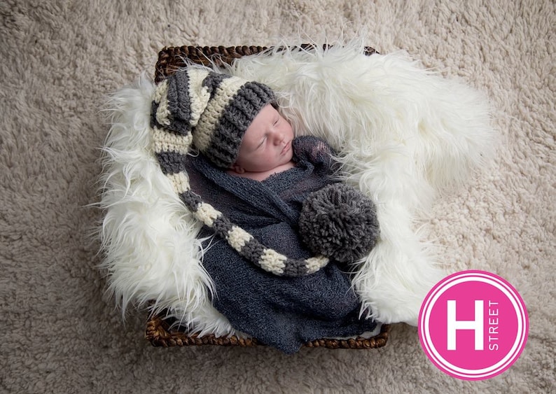 Newborn Elf Hat Gray And Cream Stripe Hat Newborn Girl Hat Etsy