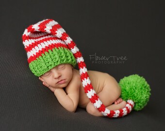 Newborn Santa Hat, Christmas Hat,Green Red Santa,Striped Hat, Newborn Pom Pom Hat, Newborn Christmas Prop, Listing Is For One Hat, Santa Hat