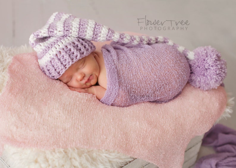 Newborn Elf Hat, Newborn Photo Prop, Striped Hat, Lavender Hat, Newborn Girl Prop, Longtail Hat, Stocking Cap, Mr Sandman Hat, Pom Pom Hat image 1