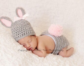 Newborn Bunny Hat, Bunny Hat And Diaper Cover Set, Newborn Photo Prop, Newborn Easter Hat, Pink And Gray Hat, Fluffy Bunny Tail