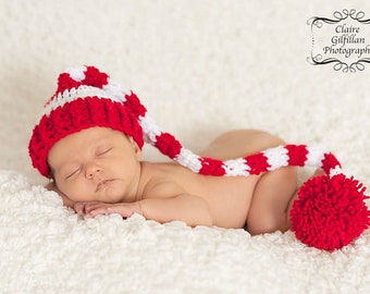 Newborn Santa Hat, Newborn Photo Prop, Newborn Christmas Hat, Cherry Red Santa Hat, Newborn Elf Hat, Long Tail Hat, Stocking Cap, Stripe Hat