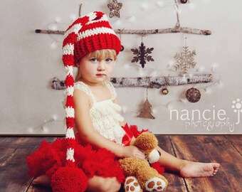 Christmas Hat, Toddler Hat, Elf Hat, Long Tail Hat, Christmas Elf Hat, Santa Hat, Striped Child Hat, Red And Cream Hat, Christmas Photo Prop