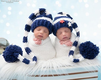 Newborn Twin Hats, Listing Is For ONE Patriotic Elf Hat, Crochet Long Tail Hat  Hospital Baby Hat, Red, White and Blue Hat, Baby Hat