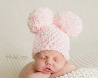 Newborn Pom Pom Hat, Newborn Girl Hat, Newborn Photo Prop, Baby Hat, Crochet Baby Hat, Girl Photo Prop, Pink And White Hat, Infant Hat