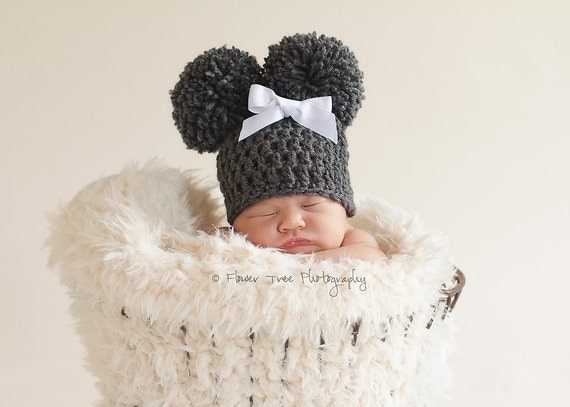 Newborn Charcoal Gray Double Pom Pom Hat, Newborn Photo Prop, Crochet Infant Hat, Newborn Girl Hat, Baby Hat With Bow, Warm Winter Hat