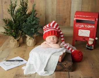 Gorro de Papá Noel para recién nacido, gorro de elfo para recién nacido, accesorio fotográfico para recién nacido, gorro de elfo de Papá Noel, Navidad para recién nacido, gorro rojo cereza y blanco, gorro con pompón para recién nacido
