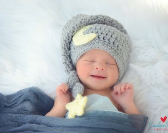 Baby Moon Hat, Newborn Photo Prop, Sleepy Time Hat, Moon And Star Hat, Newborn Stocking Cap, Newborn Elf Hat, Infant Longtail Hat