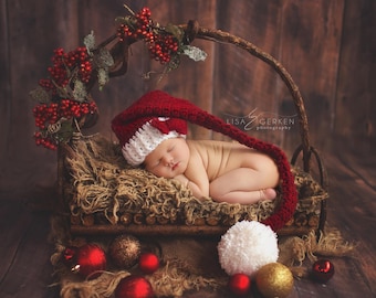 Newborn Christmas Hat, Holiday Hat, Newborn Santa Hat, Baby Pom Pom Hat, Newborn Photo Prop, Christmas Photo Prop, Baby Hat, Holiday Elf Hat