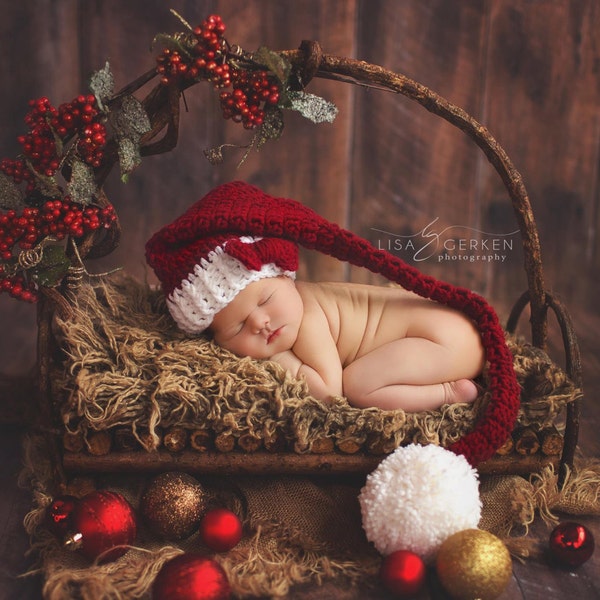 Newborn Christmas Hat, Holiday Hat, Newborn Santa Hat, Baby Pom Pom Hat, Newborn Photo Prop, Christmas Photo Prop, Baby Hat, Holiday Elf Hat