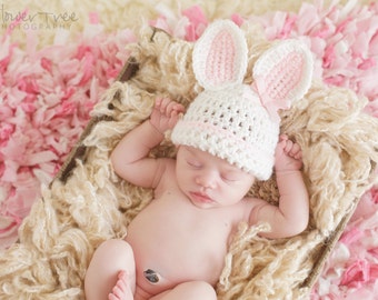 Newborn Bunny Hat, Pink And White Hat, Newborn Photo Prop, Newborn Easter Prop, Crochet Newborn Hat, Easter Hat, Rabbit Hat, Easter Bunny