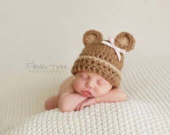 Newborn Bear Hat, Hat With Bow, Baby Hat, Infant Hat, Teddy Bear Hat, Neutral Hat, Newborn Photo Prop, Newborn Boy Or Girl Hat