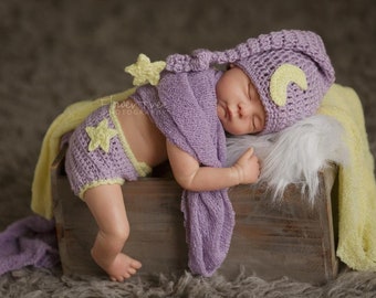 Newborn Photo Prop, Moon Hat And Diaper Cover Set, Sleepy Time Hat Moon And Star Hat, Newborn Stocking Cap, Newborn Elf Hat, Long Tail Hat