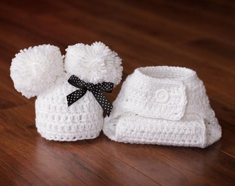 Newborn Pom Pom Hat & Diaper Cover Set, Crochet Baby Hat, Newborn Diaper Cover, Newborn Hat With Bow, Infant Hat, Newborn Pom Pom Hat