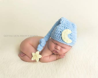 Moon And Star Hat, Newborn Photo Prop, Baby Boy Hat, Newborn Baby, Crochet Baby Hat, Newborn Elf Hat, Mr Sandman Hat, Infant Hat, Baby Hat