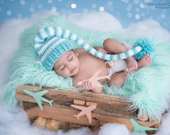 Newborn Elf Hat, Newborn Pom Pom Hat, Long Tail Hat, Sleepy Time Cap, Mr Sandman Hat, Newborn Stripe Hat, Crochet Photo Prop Hat, Elf Hat