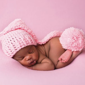 Newborn Elf Hat, Crochet Baby Hat, Newborn Photo Prop, Newborn Stocking Cap, Infant Pom Pom Hat, Pink Baby Hat, Long Tail Hat, Soft Baby Hat image 1