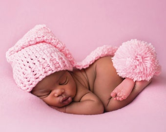 Newborn Elf Hat, Crochet Baby Hat, Newborn Photo Prop, Newborn Stocking Cap, Infant Pom Pom Hat, Pink Baby Hat, Long Tail Hat, Soft Baby Hat