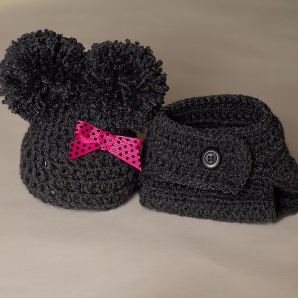 Newborn Pom Pom Hat, Charcoal Grey Hat, Diaper Cover Set, Baby Girl Hat, Infant Hat With Bow, Crochet Baby Hat, Nappy Cover, Hot Pink Bow