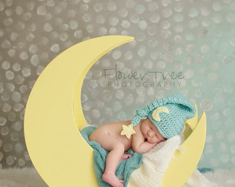 Newborn Moon Hat, Newborn Elf Hat, Newborn Photo Prop, Mr Sandman Hat, Long Tail Hat, Moon And Star Hat, Infant Elf Hat, Baby Hat With Star