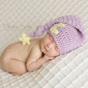 Moon And Star Hat, Newborn Photo Prop, Baby Girl Hat, Newborn Baby Hat, Crochet Baby Hat, Newborn Elf Hat, Lavender Hat, Lavender Moon Hat