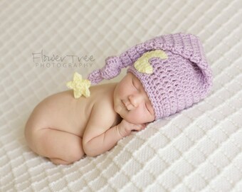 Moon And Star Hat, Newborn Photo Prop, Baby Girl Hat, Newborn Baby Hat, Crochet Baby Hat, Newborn Elf Hat, Lavender Hat, Lavender Moon Hat