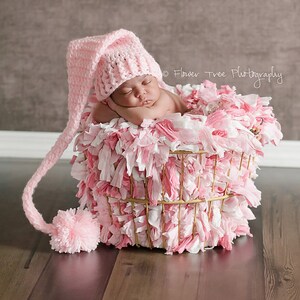 Newborn Elf Hat, Crochet Baby Hat, Newborn Photo Prop, Newborn Stocking Cap, Infant Pom Pom Hat, Pink Baby Hat, Long Tail Hat, Soft Baby Hat image 2