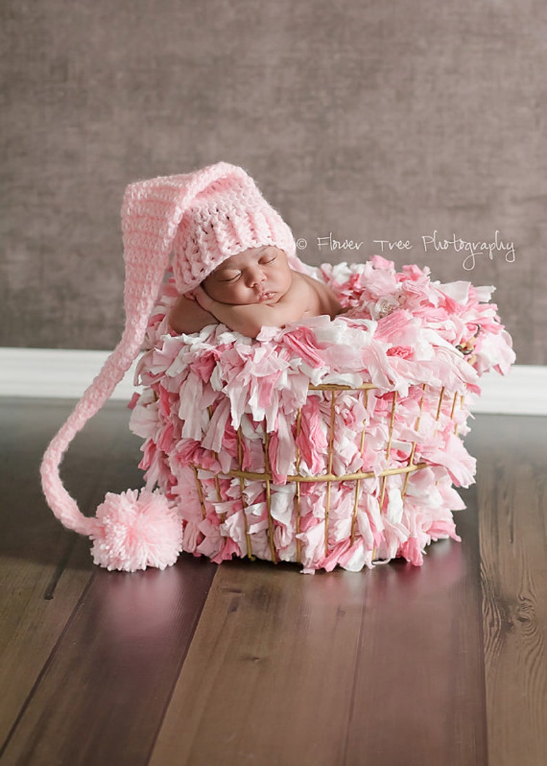 Newborn Elf Hat, Crochet Baby Hat, Newborn Photo Prop, Newborn Stocking Cap, Infant Pom Pom Hat, Pink Baby Hat, Long Tail Hat, Soft Baby Hat image 2