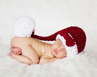 Newborn Santa Hat, Christmas Elf Hat, Newborn Photography Prop, Newborn Christmas Hat, Newborn Longtail Hat, Infant Pom Pom Hat, Elf Hat