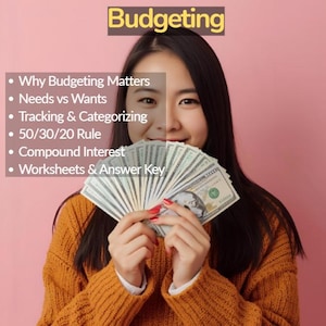 May include: A fan of United States dollar bills held in front of a person wearing a mustard yellow sweater. Text overlays include the title Budgeting and a list: Why Budgeting Matters, Needs vs Wants, Tracking & Categorizing, 50/30/20 Rule, Compound Interest, Worksheets & Answer Key.
