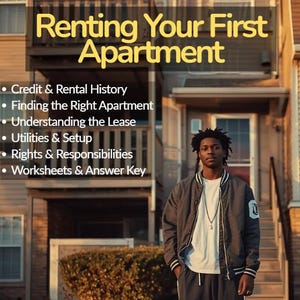 Può includere: Una copertina di libro con il titolo "Renting Your First Apartment" in testo giallo. La copertina elenca argomenti come credito, ricerca di un appartamento, comprensione dei contratti di locazione e utenze. Una persona è in piedi di fronte a un edificio.