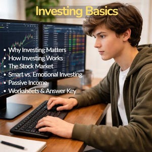 May include: A young person is seated at a desk, working on a computer with two monitors displaying stock charts. The image includes the text "Investing Basics" and bullet points listing topics such as "Why Investing Matters" and "The Stock Market."