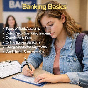 Op de afbeelding: Een persoon in een spijkerjasje schrijft met een pen op een blauw formulier. De afbeelding bevat de tekst "Banking Basics" en een lijst met onderwerpen: bankrekeningen, pinpassen, online bankieren en sparen. Een rugzak is zichtbaar.