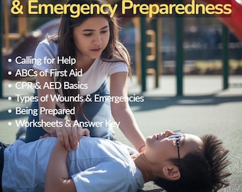 May include: An educational guide titled Basic First Aid & Emergency Preparedness. It lists topics including Calling for Help, ABCs of First Aid, CPR & AED Basics, Types of Wounds & Emergencies, Being Prepared, and Worksheets & Answer Key.